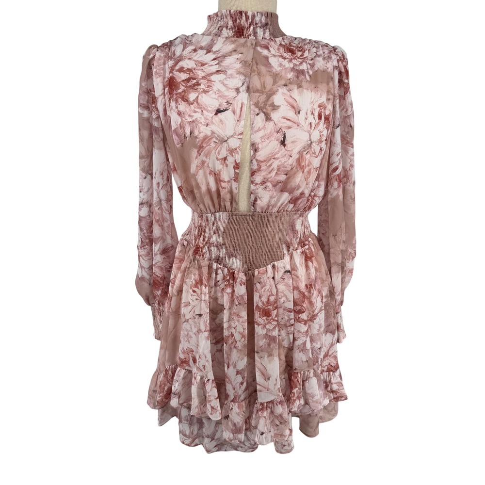 SUKISO Floral Mini Dress Womens M/L Rose Smocked Ruffle Mock‎ Neck